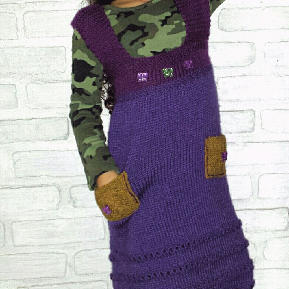 Handmade Handknit Girls Purple Wool Blend Butterfly Jumper Dress XS 4/5